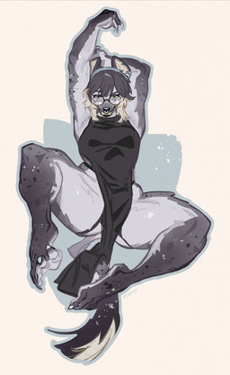 anthro bared_teeth claws clothed clothed_anthro clothing countershading dress eyewear facial_piercing femboy freckled_face freckled_legs freckles glasses inner_ear_fluff nose_piercing nose_ring piercing raised_arms ring_piercing simple_background solo tail tuft jeganzero hyena mammal 2025 hi_res trans_(lore) trans_woman_(lore)