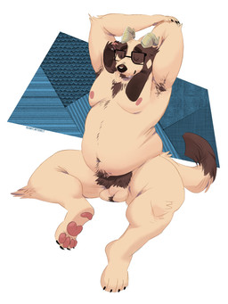 anthro armpit_hair ball_tuft balls belly body_hair eyewear eyewear_only flaccid floppy_ears foreskin genitals glasses glasses_only male moobs nude one_eye_closed overweight overweight_anthro overweight_male pawpads penis pubes sitting solo stretching tail tasteful_nudity tuft unretracted_foreskin wearing_glasses bennycartoonist benny_(bennycartoonist) bovid canid canine canis caprine domestic_dog goat hybrid mammal full-length_portrait hi_res portrait