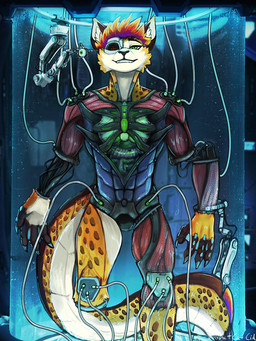 anthro blonde_hair brown_spots cheek_tuft claws cybernetics facial_tuft fangs finger_claws front_view fur green_eyes grin hair inner_ear_fluff looking_at_viewer machine male male_anthro markings multicolored_hair nude prosthetic prosthetic_arm prosthetic_leg prosthetic_limb purple_hair red_hair smile solo spots spotted_legs spotted_markings spotted_tail tail tail_markings teeth tuft white_body white_fur white_inner_ear_fluff wire yellow_body yellow_fur acidic cyborg felid mammal 3:4 hi_res