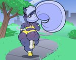 5:4 big_butt blen_bodega bodily_fluids butt detailed_background female fi_(blen_bodega) huge_butt huge_thighs humanoid jogging looking_at_viewer looking_back not_furry outside rear_view solo standing sweat thick_thighs wide_hips