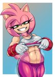abs anthro bodily_fluids bottomwear breasts clothed clothing clothing_lift eyelashes female front_view fur glistening glistening_abs glistening_breasts gloves green_eyes grin hair handwear midriff muscular muscular_anthro muscular_female muscular_thighs naughty_face pants pink_body pink_fur pink_hair shirt shirt_lift smile solo sweat sweaty_abs sweaty_breasts tail tank_top teeth tight_bottomwear tight_clothing tight_pants topwear kappa_spark sega sonic_the_hedgehog_(series) amy_rose eulipotyphlan hedgehog mammal hi_res