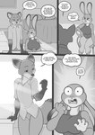 anthro big_breasts bottomwear breasts canid canine chair clothed clothing comic dialogue disney english_text female fox freckles_(artist) furniture judy_hopps lagomorph leporid male mammal monochrome nick_wilde pants rabbit red_fox shirt sitting text topwear true_fox zootopia