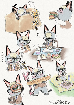 anthro blonde_hair blush bread burger butter container croissant cup dairy_products eating eyes_closed eyewear food fruit fur glasses grey_body grey_fur hair heterochromia holding_object holding_weapon looking_at_object male musical_note musical_symbol one_eye_closed outside paper_bag pastry plant pretzel_(food) sandwich_(food) sitting solo sound_effects standing symbol text weapon shiotan animal_crossing nintendo raymond_(animal_crossing) domestic_cat felid feline felis mammal 2020 absurd_res hi_res japanese_text multiple_images translation_request