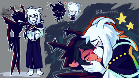 anthro armor bite blush chibi clothing duo eyewear female glasses heart_symbol kissing male male/female robe romantic romantic_couple text dessoirprinces deltarune undertale undertale_(series) asriel_dreemurr_(god_form) dess_holiday roaring_knight bovid caprine deer goat mammal monster new_world_deer reindeer shadow_creature 16:9 hi_res meme spanish_text translated widescreen