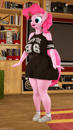 anthro big_breasts book bookshelf bottomwear breasts clothed clothing electronics female furgonomics furniture plantigrade shirt skirt solo speaker tail tail_through_skirt television topwear wide_hips pinkierawr friendship_is_magic hasbro my_little_pony pinkie_pie_(mlp) equid equine horse mammal pony 3d_(artwork) 9:16 digital_media_(artwork) hi_res