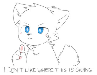 4_fingers anthro blue_eyes blush cheek_tuft chest_tuft facial_tuft fingers fur gesture hand_gesture head_tuft male pawpads pointing pointing_up simple_background solo text tuft white_background white_body white_fur chano changed_(video_game) lin_(changed) canid canine canis mammal wolf english_text reaction_image