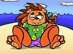 aloha_shirt anthro beach beverage black_nose clothing cloud container cup feet fur green_eyes hand_behind_head holding_container holding_cup holding_object male one_eye_closed orange_body orange_fur orange_pawpads pattern_clothing pattern_shirt pattern_topwear pawpads seaside shirt sitting sky smile solo speedo spread_legs spreading swimwear toes toony topwear water kaokao hasbro littlest_pet_shop littlest_pet_shop_(2012) russell_ferguson eulipotyphlan hedgehog mammal 2021