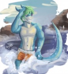 anthro biped clothed clothing horn male navel outside smile solo standing swimming_trunks swimwear tail teeth dognextdoor mythology dragon mythological_creature mythological_scalie scalie