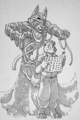 anthro barefoot belt bottomwear claws clothed clothing duo fangs feet gore holding_scroll male male_anthro mummy_wrappings pants rib_cage standing teeth toe_claws hufnaar canid canine mammal mummy undead hi_res monochrome