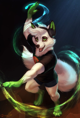anthro athletic athletic_anthro bottomwear clothed clothing dancing electronics fluffy fluffy_tail fur green_ears green_eyes hair headphones magic magic_user male muscular open_mouth shorts simple_background solo tail white_body white_fur white_hair dimonis canid canine canis mammal wolf colored digital_drawing_(artwork) digital_media_(artwork) hi_res shaded signature watermark