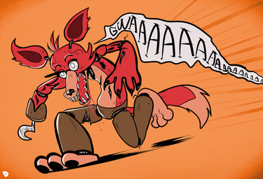 3_toes 4_fingers anthro bodily_fluids exposed_endoskeleton eye_patch eyewear feet fingers hook hook_hand logo machine male orange_background pirate running simple_background solo speech_bubble tail text toes white_eyes unknown_artist five_nights_at_freddy's scottgames foxy_(fnaf) animatronic canid canine fox mammal robot robot_anthro artist_logo source_request