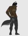 anthro biped black_hair black_nose bottomless bottomless_anthro bottomless_male brown_clothing brown_eyes brown_jacket brown_topwear butt clothed clothing fur grey_body grey_butt grey_fur hair jacket jacket_only looking_at_viewer looking_back looking_back_at_viewer male mature_male multicolored_body multicolored_fur muscular muscular_anthro muscular_male open_clothing open_shirt open_topwear presenting presenting_hindquarters shirt simple_background smile solo standing topwear topwear_only two_tone_body two_tone_fur white_background hyperchaotix damien_hayabusa canid canine canis mammal wolf absurd_res digital_media_(artwork) hi_res