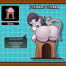anthro big_breasts big_butt black_nose blue_background blue_eyes breasts butt clothing dialogue female female_anthro fur genitals grey_body grey_fur hat hat_only head_tuft headgear headgear_only headwear headwear_only looking_at_viewer looking_back looking_back_at_viewer mostly_nude nude pattern_background rear_view simple_background solo speech_bubble talking_to_viewer text tongue tongue_out tuft vulva white_body white_fur wide_hips anemonemisc ponos_corp. the_battle_cats d'artanyan_(the_battle_cats) domestic_cat felid feline felis mammal 1:1 colored digital_drawing_(artwork) digital_media_(artwork) english_text hi_res shaded