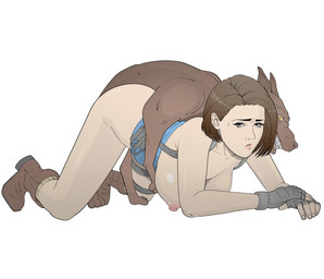 areola bestiality big_breasts big_butt boots bottomless breasts butt clothed clothing crop_top doggystyle duo female feral footwear from_behind_position gloves handwear interspecies male male/female nipples partially_clothed sex shirt shoes topwear lastcallforsin capcom resident_evil jill_valentine canid canine human mammal absurd_res hi_res