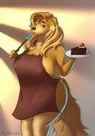 anthro apron apron_only big_breasts blonde_hair breasts cake canid canine canis cleavage clothed clothing conditional_dnp dessert domestic_dog female food fur hair hi_res huge_breasts jezzlen kitchen_spatula kitchen_utensils licking looking_at_viewer mabel_(cherrikissu) mammal mature_female mostly_nude nipple_outline plate solo spatula standing tongue tongue_out tools wide_hips yellow_body yellow_eyes yellow_fur