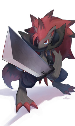 ambiguous_anthro ambiguous_gender anthro barefoot big_feet big_hair black_highlights blue_bottomwear blue_clothing blue_eyes blue_pants bottomwear buster_sword cheek_scar claws clothed clothing digitigrade facial_scar feet fighting_pose front_view fully_clothed fur grey_body grey_fur hair highlights_(coloring) holding_melee_weapon holding_object holding_sword holding_weapon long_hair melee_weapon oversized_weapon pants pose red_claws red_hair scar simple_background solo standing sword topwear vest weapon white_background x_scar nullma final_fantasy final_fantasy_vii nintendo pokemon square_enix zack_fair canid canine generation_5_pokemon mammal pokemon_(species) zoroark 2024 crossover full-length_portrait hi_res portrait