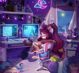 anthro barefoot chair clothing computer_monitor curtains_open desktop_computer detailed_background drawer feet female full_moon furniture hair inside lamp lava_lamp long_hair looking_at_viewer looking_back looking_back_at_viewer moon night office_chair on_chair pen pigtails plushie pokeball red_hair sitting sitting_on_chair standard_pokeball star window mousedoll nintendo pokemon sailor_moon_(series) ailurid amphibian frog generation_1_pokemon gengar mammal pokemon_(species) red_panda 2024 absurd_res digital_media_(artwork) hi_res
