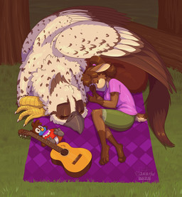 3_toes 4_toes 5_fingers acoustic_guitar anthro back_wings barefoot beak bottomwear brown_body brown_eyebrows brown_feathers brown_fur brown_hair checkered_blanket chest_tuft claws clothing countershade_tail countershading curled_up detailed_background dipstick_ears duo ear_markings eyebrows eyelashes facial_markings feathers feet female feral fingers fist fur gloves_(marking) grass green_bottomwear green_clothing green_grass green_shorts grey_beak guitar hair head_markings head_tuft high-angle_view knee_tuft leg_markings leg_tuft log logo long_tail markings multicolored_ears musical_instrument one_eye_obstructed outside pink_clothing pink_hair_tie pink_nose pink_shirt pink_topwear plant plantigrade plucked_string_instrument plushie ponytail purple_blanket quadruped red_clothing red_shirt red_topwear scutes shadow shirt short_tail shorts size_difference sleeping socks_(marking) speckled_body string_instrument tail tan_body tan_fur toes topwear tree tuft white_body white_claws white_fur wings wood yellow_scutes jayheartwing european_mythology greek_mythology mythology jay_(sammfeatblueheart) twix_(sammfeatblueheart) avian hippogriff lagomorph leporid mammal mythological_avian mythological_creature rabbit 2025 artist_logo cel_shading hi_res shaded signature