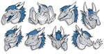 anthro bared_teeth blue_hair dragon eyes_closed facepalm gesture green_eyes grey_body hair hand_gesture hi_res horn khyaber male membrane_(anatomy) membranous_wings multiple_images mythological_creature mythological_scalie mythology narrowed_eyes open_mouth pupils scales scalie shrug simple_background slit_pupils solo thinking_pose thumbs_up waving waving_at_viewer white_background white_body white_horn white_scales wings yawn