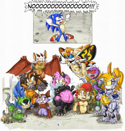 anthro belly blue_body breasts clothing female gloves group handwear horn macro male overweight speech_bubble text wings killboo idw_publishing sega sonic_boom sonic_riders sonic_the_hedgehog_(comics) sonic_the_hedgehog_(idw) sonic_the_hedgehog_(series) amy_rose blaze_the_cat bunnie_rabbot rouge_the_bat sally_acorn sonic_the_hedgehog sticks_the_jungle_badger surge_the_tenrec vanilla_the_rabbit wave_the_swallow eulipotyphlan hedgehog kaiju mammal 2026 hi_res
