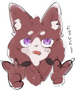 anthro blush brown_body brown_fur fur gesture hand_gesture inner_ear_fluff looking_at_viewer open_mouth pointing pointing_at_viewer pointing_gun purple_eyes solo text tuft akchi mammal 2026 hi_res japanese_text sketch