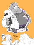 :3 anthro belly black_hair blush bodily_fluids book candy chain_necklace chibi clothing dessert dialogue eye_scar facial_scar female food group hair holding_book holding_object jacket jewelry kemono male necklace orange_background overweight overweight_male scar simple_background speech_bubble sweat text topwear trio hinyo731887 mihoyo zenless_zone_zero anton_ivanov belle_(zenless_zone_zero) ben_bigger bear human mammal thiren 2025 hi_res japanese_text translation_request