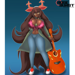 accessory acoustic_guitar amber_eyes big_breasts bottomwear breasts brown_body brown_hair cleavage clothed clothing dark_body dark_skin denim denim_bottomwear denim_clothing fake_ears fake_ears_hairband female footwear guitar hair headband jacket jeans long_hair musical_instrument not_furry open_clothing open_jacket open_topwear pants pattern_clothing pattern_topwear plaid plaid_clothing plaid_topwear plucked_string_instrument shoes simple_background sneakers solo string_instrument topwear wide_hips roseburst_(artist) deltarune undertale_(series) dess_holiday human lightner mammal 1:1 absurd_res hi_res