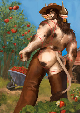 anthro apple aroused beard butt chaps clothed clothing cowboy cowboy_hat facial_hair facial_piercing farmer food fruit hair hat headgear headwear horn long_hair looking_at_viewer male male/male muscular nose_piercing nose_ring nude_anthro nude_male outside piercing plant ring_piercing sam_asher septum_piercing septum_ring smile solo strawberry tail tail_tuft tattoo topless tuft wheelbarrow n.sam_asher bovid bovine cattle mammal back nsfw absurd_res hi_res