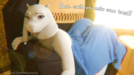 anthro ass_up ears_down female horn pivoted_ears red_eyes solo text white_body white_ears mironack deltarune undertale_(series) toriel bovid caprine goat mammal 16:9 3d_(artwork) blender_(artwork) blender_cycles_(artwork) digital_media_(artwork) english_text hi_res url widescreen