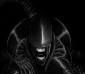 6_fingers barely_visible_nipples big_breasts big_butt black_body breasts butt eyeless female fingers glistening glistening_body huge_butt nipples partially_submerged solo tail teeth wide_hips joebamna alien_(franchise) alien humanoid xenomorph hi_res monochrome