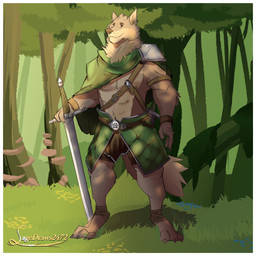 ankleband anthro armor belt border cape clothed clothed_male clothing day detailed_background forest gambeson green_cape green_clothing holding_melee_weapon holding_object holding_sword holding_weapon male male_anthro melee_weapon neck_tuft outside pauldron plant solo standing sword tail text tree tuft weapon white_border wristband sagedraws2472 far_beyond_the_world_(series) ranok_(far_beyond_the_world) canid canine canis mammal wolf 1:1 2023 artist_name hi_res