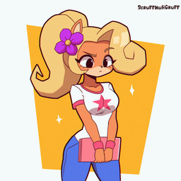 anthro big_breasts bottomwear breasts clothed clothing collarbone computer denim denim_bottomwear denim_clothing electronics eyelashes female flower fur hair jeans laptop long_hair pants plant ponytail shirt solo sparkles topwear scruffmuhgruff activision crash_bandicoot_(series) coco_bandicoot bandicoot mammal marsupial 1:1 2d_animation animated animated_gif short_playtime