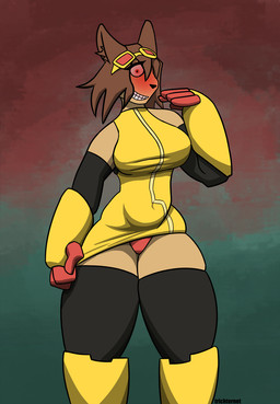 armor belly big_breasts blush boots breasts clothing curvy_figure dress female footwear gauntlets gauntlets_(weapon) gloves handwear hourglass_figure legwear looking_at_viewer panties panty_peek panty_shot pose pouch_(anatomy) red_clothing red_panties red_underwear shoes smile smiling_at_viewer solo thick_thighs thigh_highs underwear yellow_clothing trichternet gameoverse glitch_productions kit_bodega domestic_cat felid feline felis mammal hi_res pinup