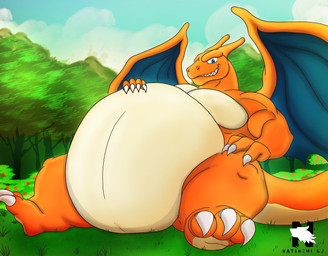 ambiguous_gender belly biceps big_belly blue_eyes claws finger_claws grin hand_on_belly hand_on_knee hand_on_leg huge_belly looking_at_viewer multicolored_body multicolored_scales musclegut muscular muscular_arms obese orange_body orange_scales overweight pecs scales sharp_teeth sitting smile smirk solo tail tan_belly tan_chest teeth toe_claws two_tone_body two_tone_scales wings zangokunatenshi mythology nintendo pokemon charizard dragon generation_1_pokemon mythological_creature mythological_scalie pokemon_(species) scalie digital_drawing_(artwork) digital_media_(artwork) hi_res