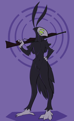 6_eyes anthro black_body blue_eyes feathers feet female flat_chested front_view genitals green_eyes green_sclera grey_body gun hand_on_hip holding_gun holding_object holding_ranged_weapon holding_weapon multi_eye nude_anthro purple_background ranged_weapon rifle simple_background solo standing tail tail_feathers talon_hands talons toes vulva weapon bleating_dip malice_(lenyavok) avian absurd_res digital_drawing_(artwork) digital_media_(artwork) hi_res