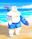 anthro beach belly big_belly black_nose bottomwear clothing detailed_background humanoid_hands kemono male moobs nipples one_eye_closed outside overweight overweight_male seaside shorts solo surfboard swimwear tattoo water wink morino8484 bear mammal polar_bear ursine 2022 hi_res