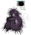 anthro blush bodily_fluids fangs female looking_at_viewer open_mouth purple_eyes purple_spikes simple_background sitting solo spiked_body tears teeth text white_background sparrowl echinoderm echinozoan marine sea_urchin 2022 absurd_res english_text hi_res korean_text signature