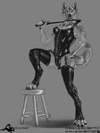 anthro biped breasts clothing collar dominatrix easy_access female fur furniture holding_object holding_riding_crop holding_whip leather leather_clothing leather_legwear leather_thigh_highs legwear leotard looking_at_viewer medium_breasts nipple_outline riding_crop solo stool text thigh_highs whip salonkitty canid canine canis mammal wolf 2017 greyscale monochrome url