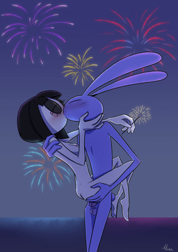 4_fingers ambiguous_penetration animal_genitalia animal_penis anthro balls blush breasts caressing_face duo eyes_closed featureless_feet feet female fingers fireworks genitals hand_on_face hand_on_shoulder holidays kiss_on_lips kissing knot knotted_penis lagomorph_penis larger_male lifting_partner male male/female nude nude_female nude_male penetration penis size_difference slim small_breasts smaller_female sparkler screaming_alice glitch_productions new_year new_year_2026 the_amazing_digital_circus jax_(tadc) pomni_(tadc) humanoid lagomorph leporid mammal rabbit absurd_res hi_res