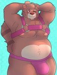 anthro belly brown_body brown_fur bulge clothing fur hair hands_behind_head harness jockstrap male nipples overweight overweight_male pecs simple_background solo underwear sleepypandaburr milky_(matchaijuice) canid canine mammal raccoon_dog tanuki absurd_res hi_res