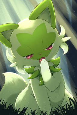 ambiguous_gender fur green_body green_fur half-closed_eyes licking light light_beam narrowed_eyes outside paws pupils quadruped self_lick sitting solo sunbeam sunlight tail thick_thighs tongue white_sclera rumine nintendo pokemon generation_9_pokemon pokemon_(species) sprigatito 2:3 hi_res