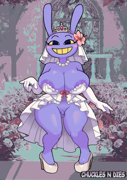 anthro areola balls big_breasts biped breasts cleavage clothed clothing crossgender dress eyelashes footwear front_view genitals gynomorph high_heels intersex mtg_crossgender mti_crossgender no_underwear penis pupils purple_body shoes small_penis smile solo thick_thighs wedding_dress wide_hips yellow_sclera donnitro72 glitch_productions the_amazing_digital_circus jax_(tadc) lagomorph leporid mammal rabbit hi_res
