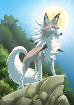 black_nose blue_eyes brown_body brown_fur cheek_bulge chest_tuft claws day eyebrows fangs feet feral fluffy fluffy_tail fur inner_ear_fluff plant solo spikes sun tail teeth toes tree tuft white_body white_fur hecatehell nintendo pokemon canid canine generation_7_pokemon lycanroc mammal midday_lycanroc pokemon_(species) 2016 hi_res