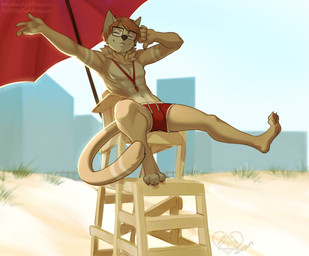 3_toes 5_fingers anthro arm_markings athletic athletic_anthro athletic_male barefoot beach beach_umbrella bent_arm bent_leg biped black_eyewear black_glasses black_nose blue_sky cheek_tuft claws clothed clothed_anthro clothed_male clothing colored_seam_clothing colored_seam_swim_shorts colored_seam_swimwear countershade_torso countershading day detailed_background drawstring drawstring_clothing drawstring_swimming_trunks drawstring_swimwear extended_arm extended_leg eyebrows eyes_closed eyewear facial_tuft feet fingers front_view glasses grass hair happy hindpaw humanoid_hands humanoid_heel leaning leaning_backward lifeguard lifeguard_tower long_tail male male_anthro markings monotone_hair multicolored_body navel neck_tuft nipples orange_eyebrows orange_hair orange_pawpads outside parasol pawpads paws plant pose rectangular_glasses red_clothing red_swimming_trunks red_swimwear sand short_hair sitting sky smile solo spread_arms spread_legs spreading straight_arm straight_leg stretching striped_markings striped_tail stripes swimming_trunks swimwear tail tail_markings tan_body tan_tail tan_tuft text toe_claws toeless_(marking) toes topless topless_anthro topless_male tuft two_tone_body wearing_glasses whistle_(object) whistle_around_neck white_body white_claws white_countershading white_face white_markings white_nipples white_seam_clothing white_stripes white_toes kittydee domestic_cat felid feline felis mammal 2019 dated digital_media_(artwork) full-length_portrait portrait shaded url watermark