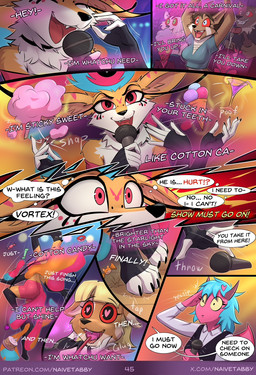 4_arms anthro black_nose blue_hair candy cotton_candy dessert dialogue electronics fangs female food fur group hair heart_eyes heart_symbol male microphone multi_arm multi_limb pink_hair singing teeth text yellow_body yellow_fur naive_tabby hellaverse helluva_boss mythology queen_bee-lzebub_(helluva_boss) arthropod bee canid canid_demon canine demon fox hellhound humanoid hybrid hymenopteran insect mammal mythological_canine mythological_creature 2025 comic english_text hi_res url