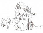 ambiguous_gender clothed clothing digitigrade elderly eyes_closed eyewear female feral gas_mask glasses goggles hair male mask muscular muscular_male ponytail quadruped side_ponytail simple_background size_difference smile tail vehicle wheelchair white_background oikawa_uso canid canine canis domestic_dog human mammal monster black_and_white comic monochrome sketch