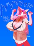 anthro big_breasts biped blue_eyes blue_nails blue_nose breasts cleavage clothed clothing collar collar_tag colored_nails curvy_figure dress female fluffy fur garter_belt garter_straps hair huge_breasts legwear long_hair markings mole_(marking) multicolored_body multicolored_fur nails pattern_clothing pink_body pink_fur pink_hair raised_arms simple_background solo spots spotted_clothing standing thigh_highs two_tone_body two_tone_fur voluptuous waist_ribbon crackiepipe denisse canid canine fox mammal red_fox true_fox