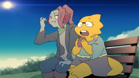 bench blue_body canon_couple clothed clothing duo eating eyewear glasses hair ponytail red_hair round_glasses sun yellow_body alpi undertale undertale_(series) alphys undyne aquatic fish lizard reptile scalie 16:9 2020 archived_source hi_res widescreen