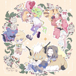 anthro black_body black_fur black_hair blonde_hair brown_body brown_fur chibi female feral fur green_body group hair long_tongue male open_mouth red_hair sleeping smile tongue wings ebiebionigiri bandai_namco digimon digimon_beatbreak kyo_sawashiro makoto_kuonji reina_sakuya tomoro_tenma chiropmon cougarmon digimon_(species) gekkomon human mammal scalie 1:1 hi_res