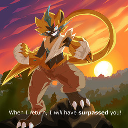 anthro bandage bottomwear cargo_pants clothing dialogue excited fighting_pose forest glowing glowing_eyes grin hair male pants plant ponytail pose scar smile solo sunset text tree seth_astral nintendo pokemon sirius_(siriusgrey) generation_7_pokemon legendary_pokemon pokemon_(species) zeraora 1:1 absurd_res english_text hi_res subtitled